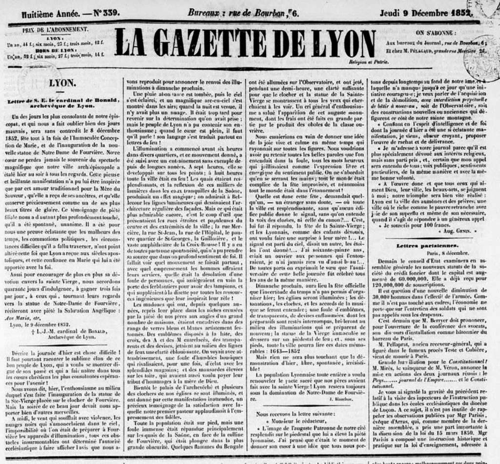 Histoire de Lyon - 08 décembre 1852